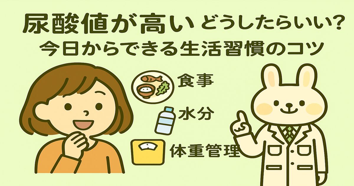 尿酸値が高い人向けの生活習慣改善をテーマにしたイラスト。左側にオレンジの服を着た女性（すずちゃん）、右側に白衣を着たうさぎの薬剤師（みどりん）が登場し、「食事」「水分」「体重管理」と書かれたアイコン付きの生活習慣のポイントが中央に並んでいる。